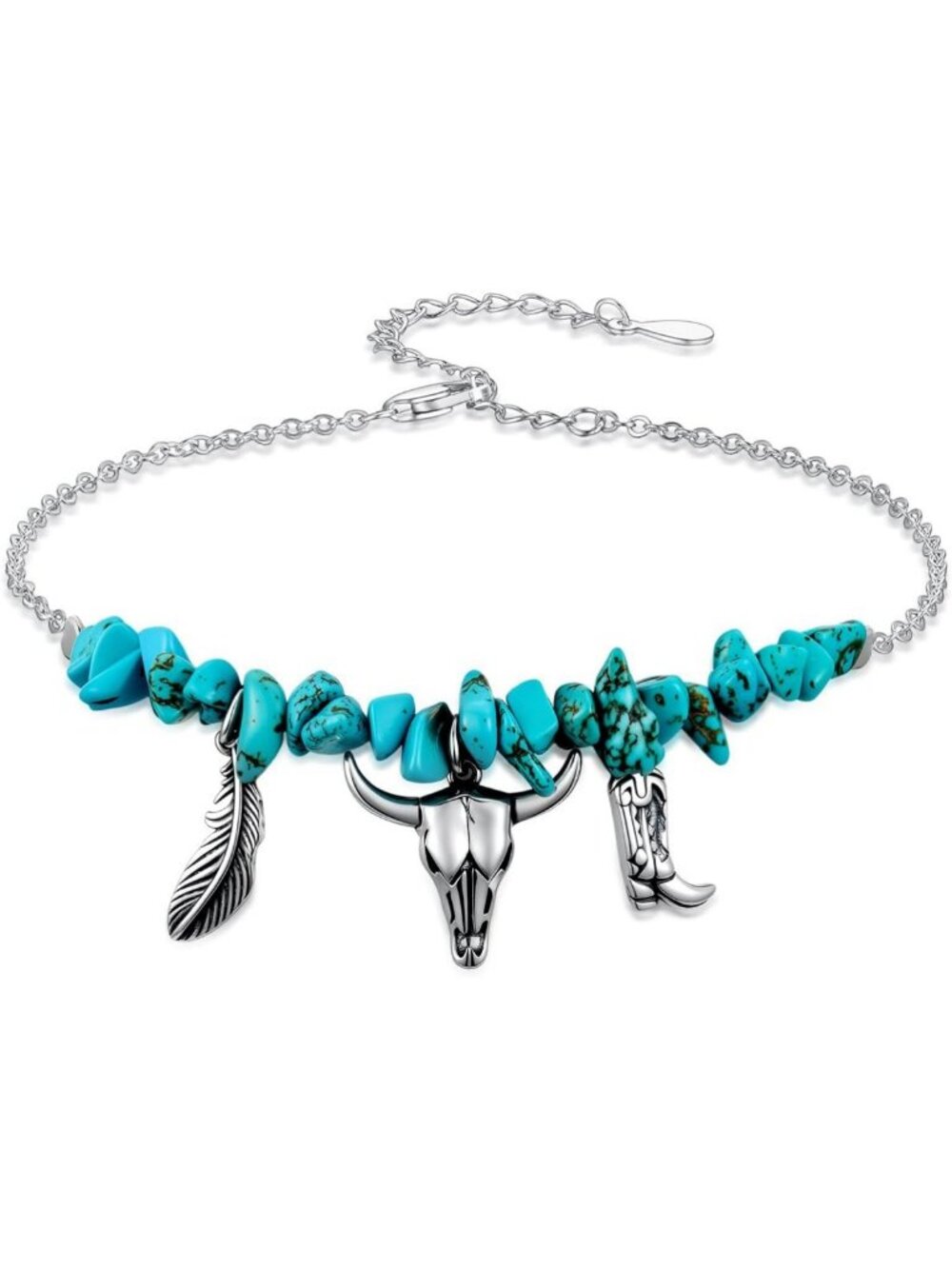 Boho Turquoise & Silver Cow Skull Bracelet - Adjustable Beaded Vintage Jewelry